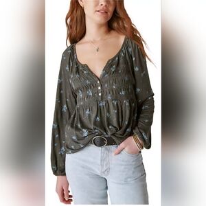Lucky Brand Floral Baby Doll Smocked Floral Top Med